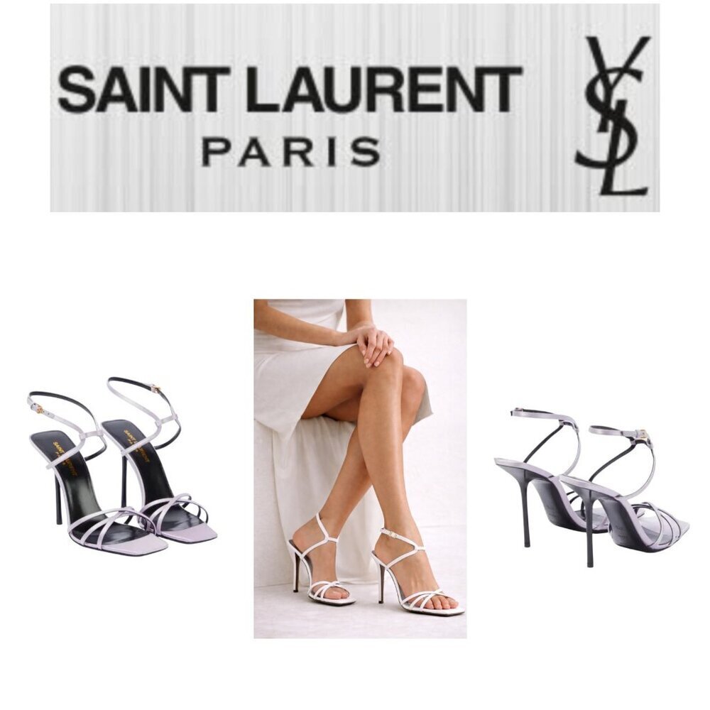 Saint Laurent Paris Satin Strappy Heels Light Lavender Black 36.5 EU
